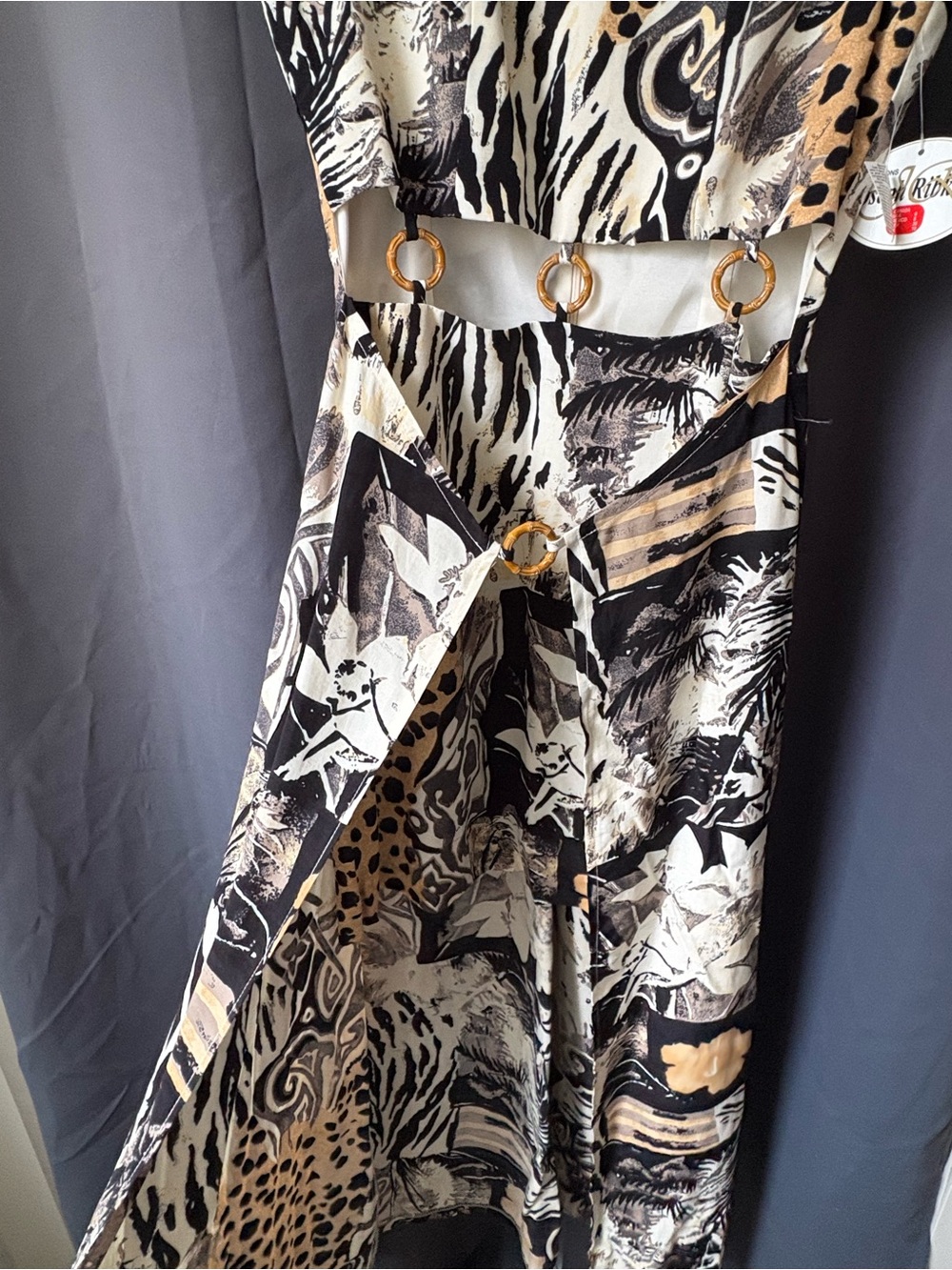 Joseph Ribkoff Abstract Animal Print high low Dress with Gold Ring Accents - Picture 4 of 8